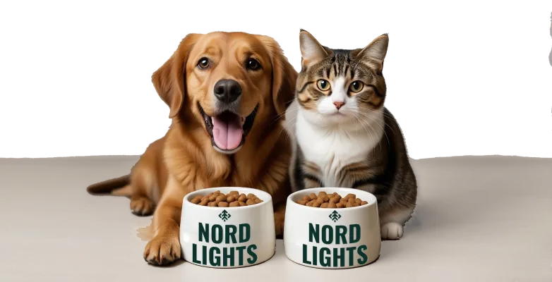 Счастливая собака и кот с мисками корма NordLights